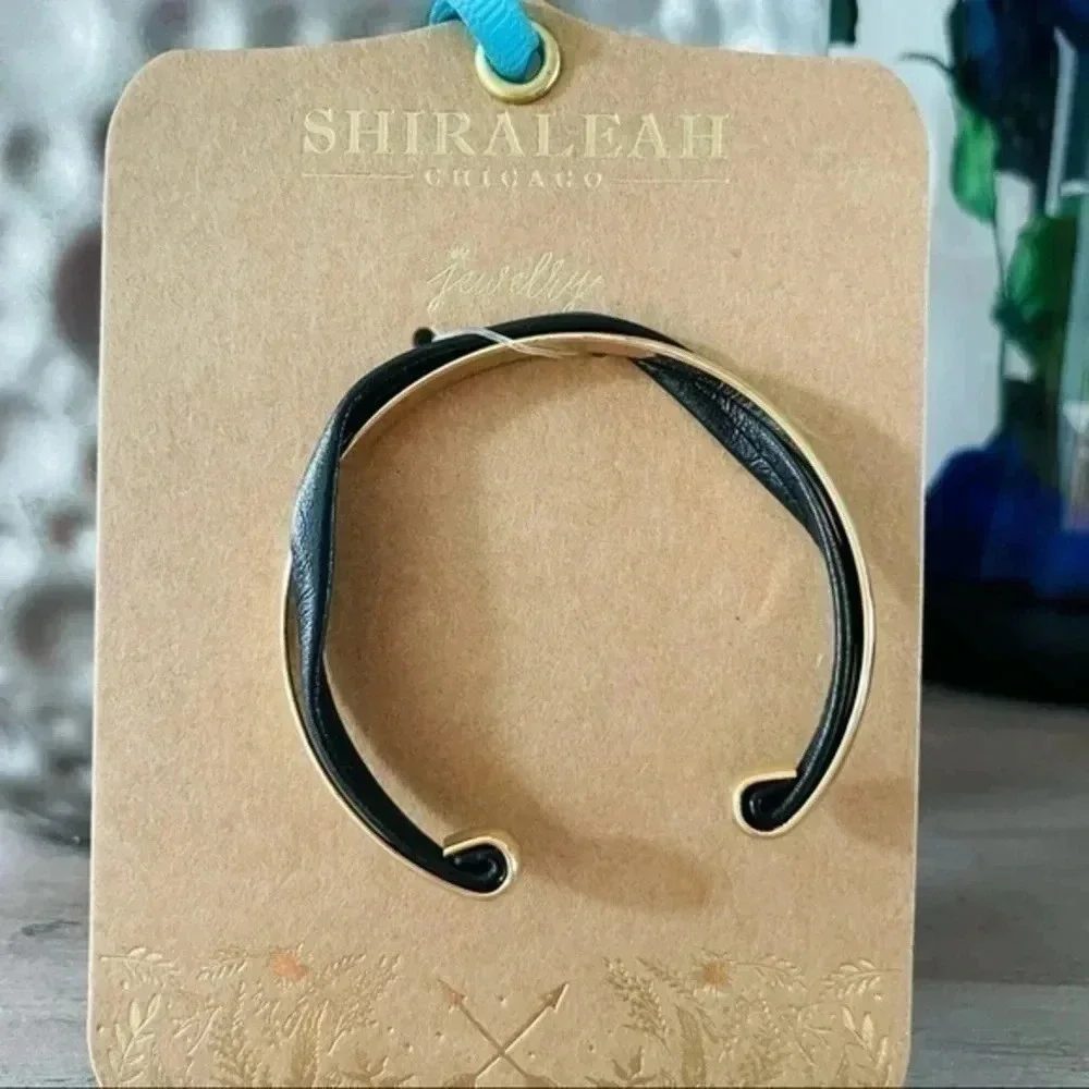 Anthropologie Shiraleah Chicago Verna cuff bracelet brass and black leather NWT